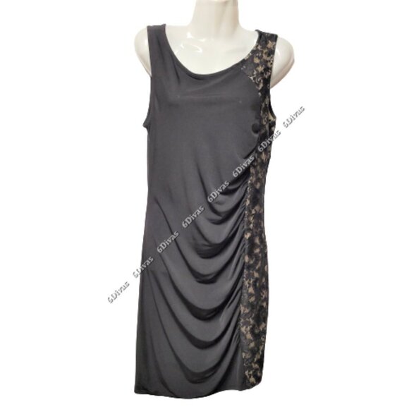 BLACK Sleeveless Dress With Gold Trim And Black Lace Accent Size L - Picture 1 of 12